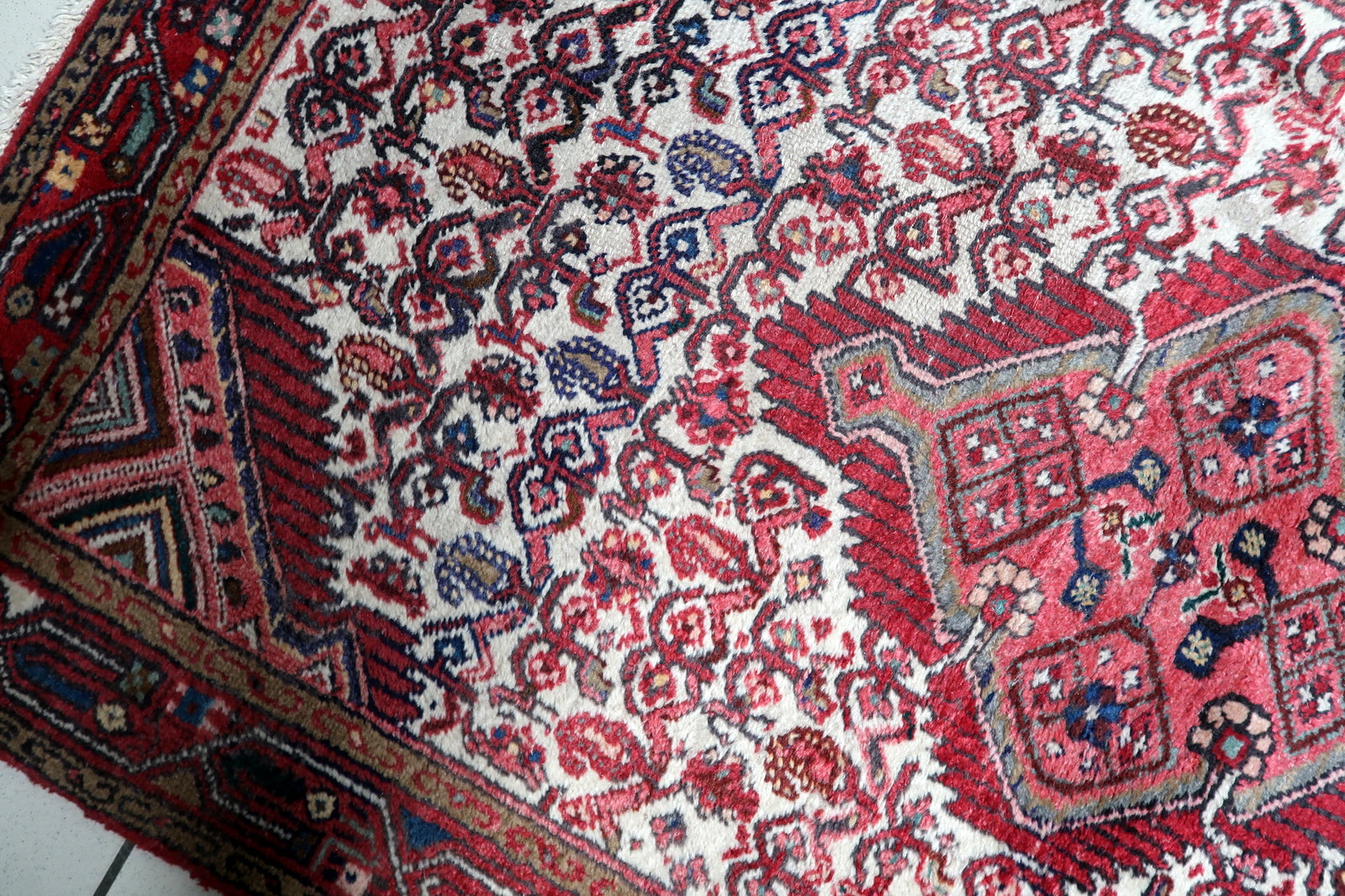 Antique Persian Hamadan rug texture and pile detail soft wool with age-appropriate patina

