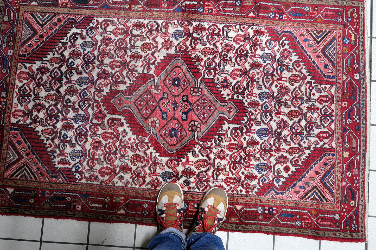 8. Close-up of stylized floral and geometric patterns in multiple borders of antique Hamadan rug
