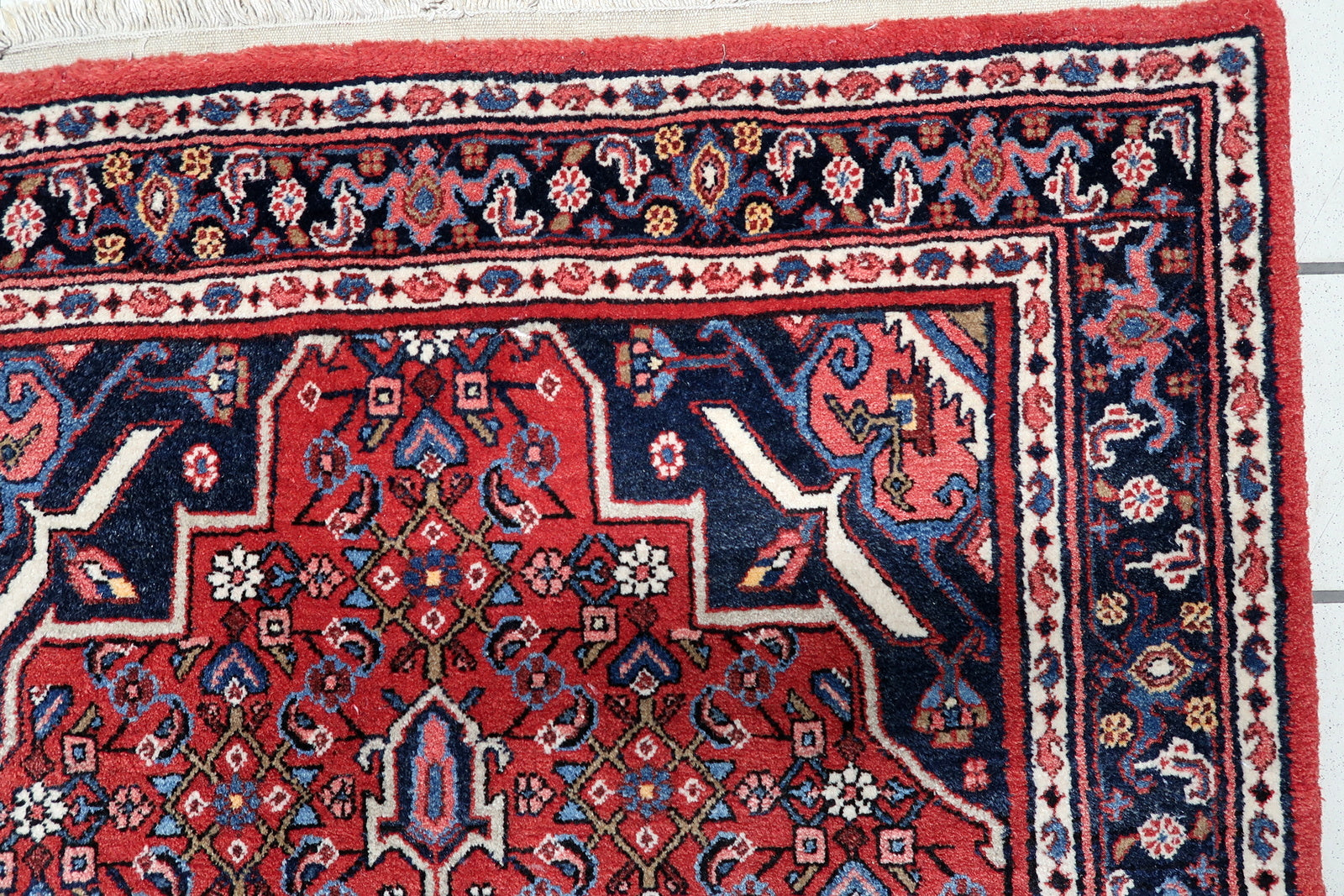 Mid-century Persian Hamadan carpet with vibrant red field and navy blue motifs on floor