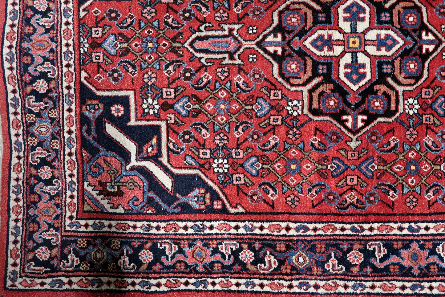 Vintage Persian Hamadan rug texture and soft pile detail with light age-appropriate wear

