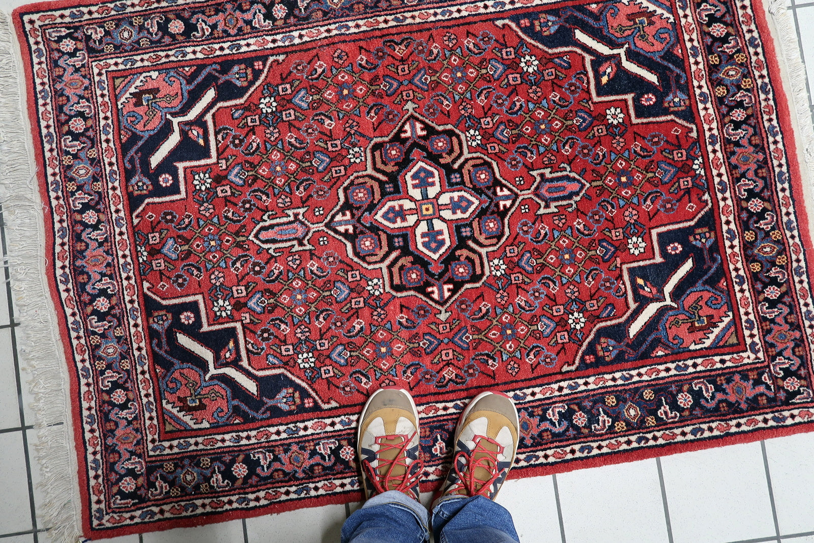 Close-up of floral and geometric motifs in deep blue and ivory on red field of vintage carpet
