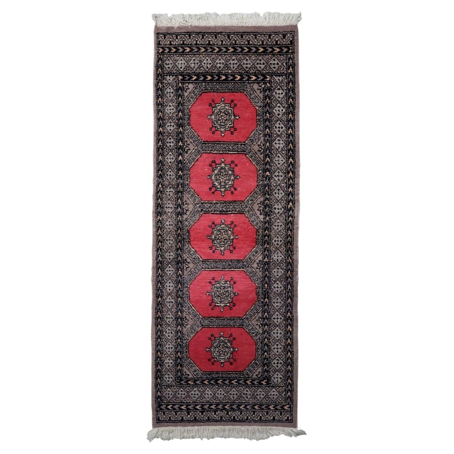 Vintage Uzbek Bukhara runner 1960s hand-knotted wool 2.1x5.6 ft full view with five octagonal guls

