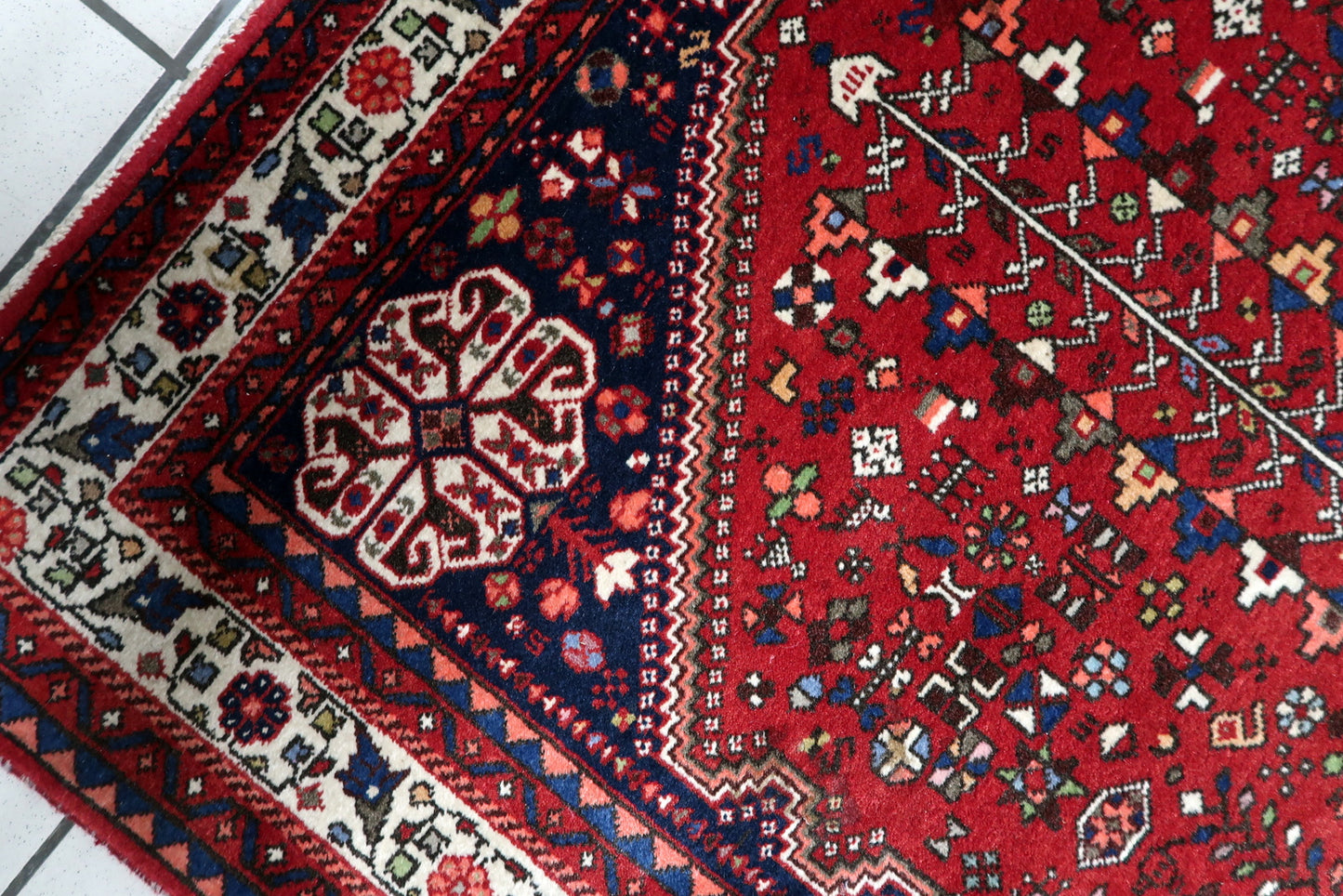 Close-up of richly detailed geometric motifs surrounding the central medallion on tribal rug
