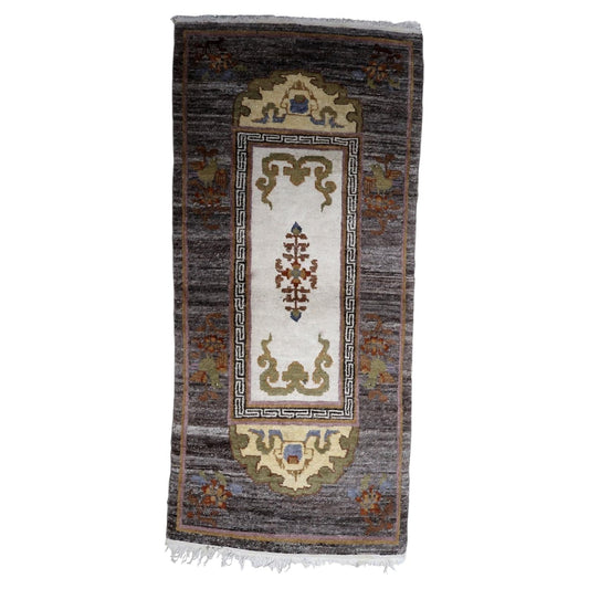 Vintage Tibetan Art Deco Khaden rug 1960s hand-knotted wool 3.1x6.7 ft full view with triple medallions

