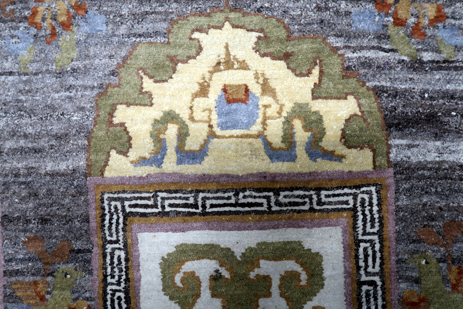 Art Deco Himalayan tribal rug ideal for modern or eclectic interior in room setting

