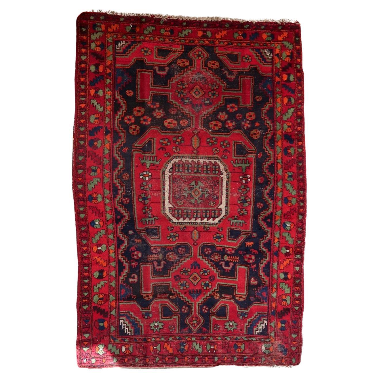 Antique 1930s Persian Hamadan rug, handmade tribal wool carpet with geometric design