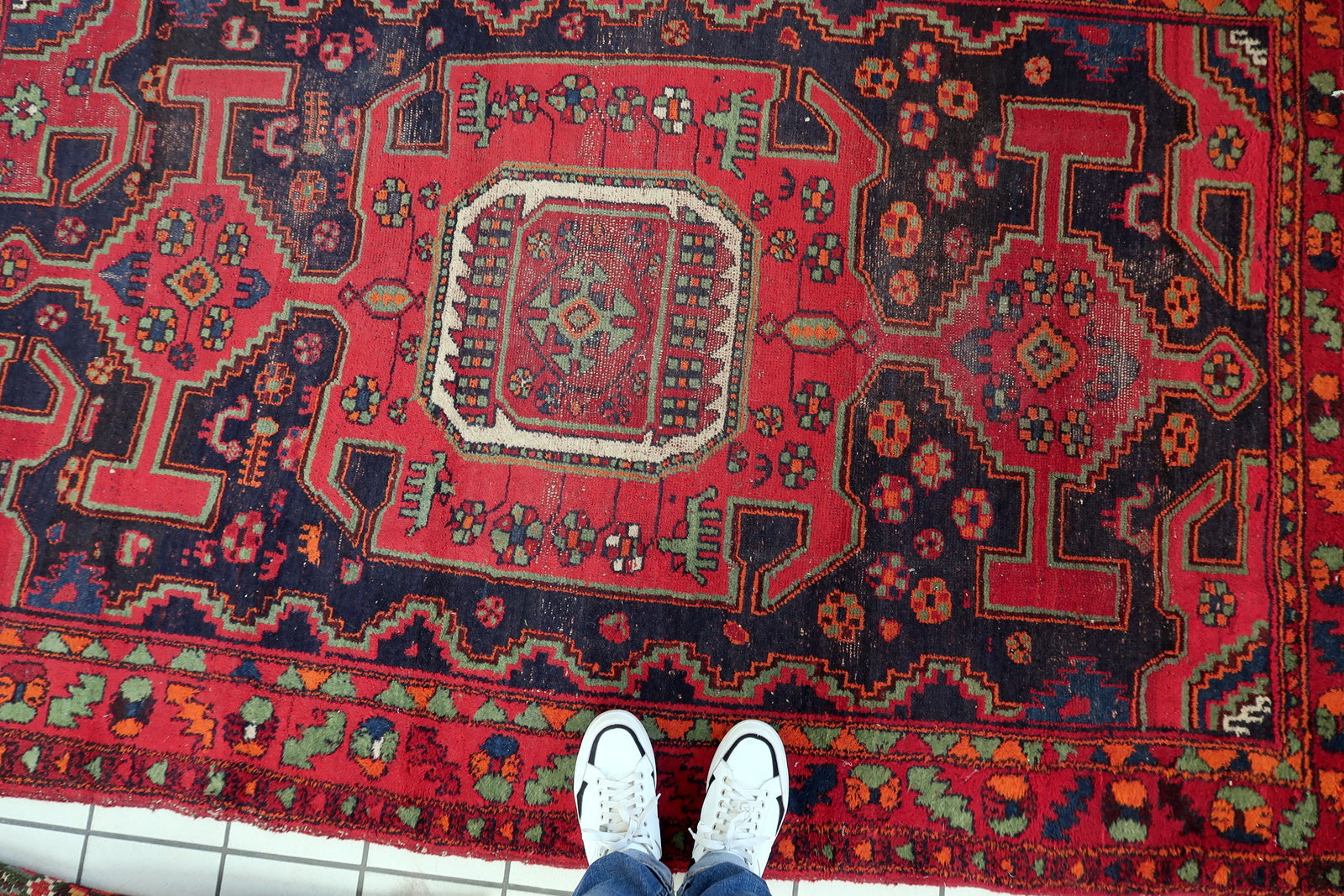 1930s antique Hamadan rug, durable wool carpet with bold village artistry