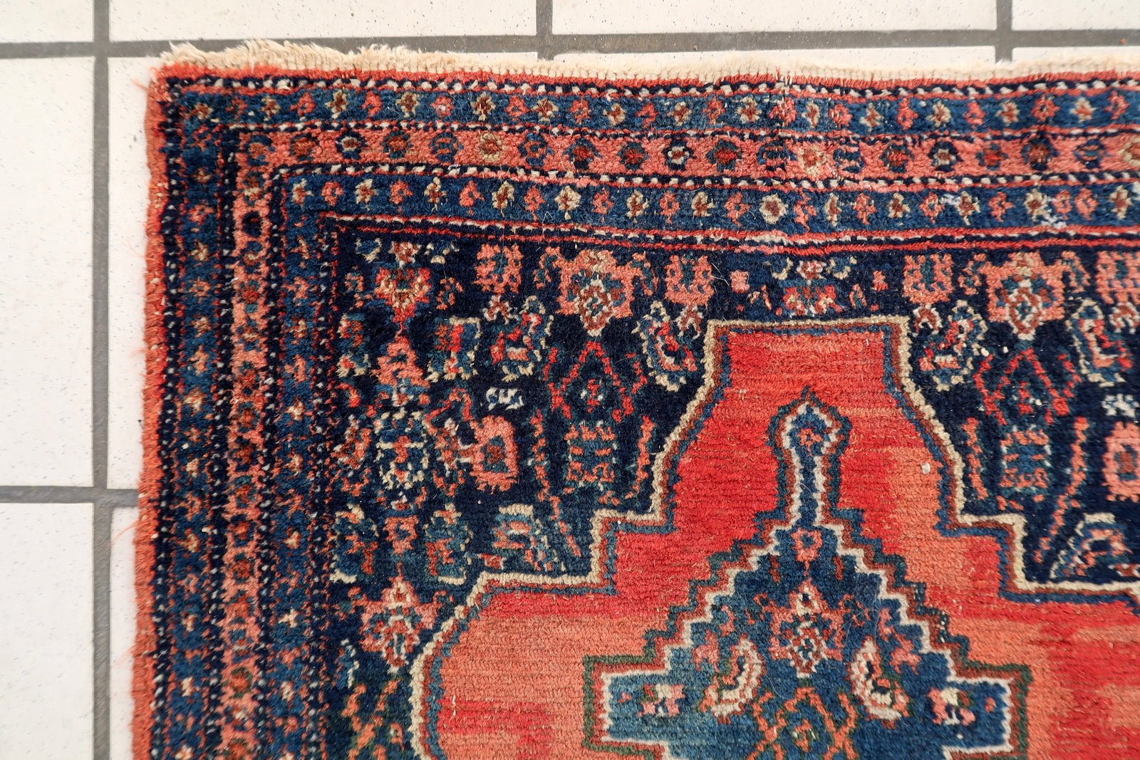 Vintage Persian Senneh runner rug, delicate wool weave with geometric design