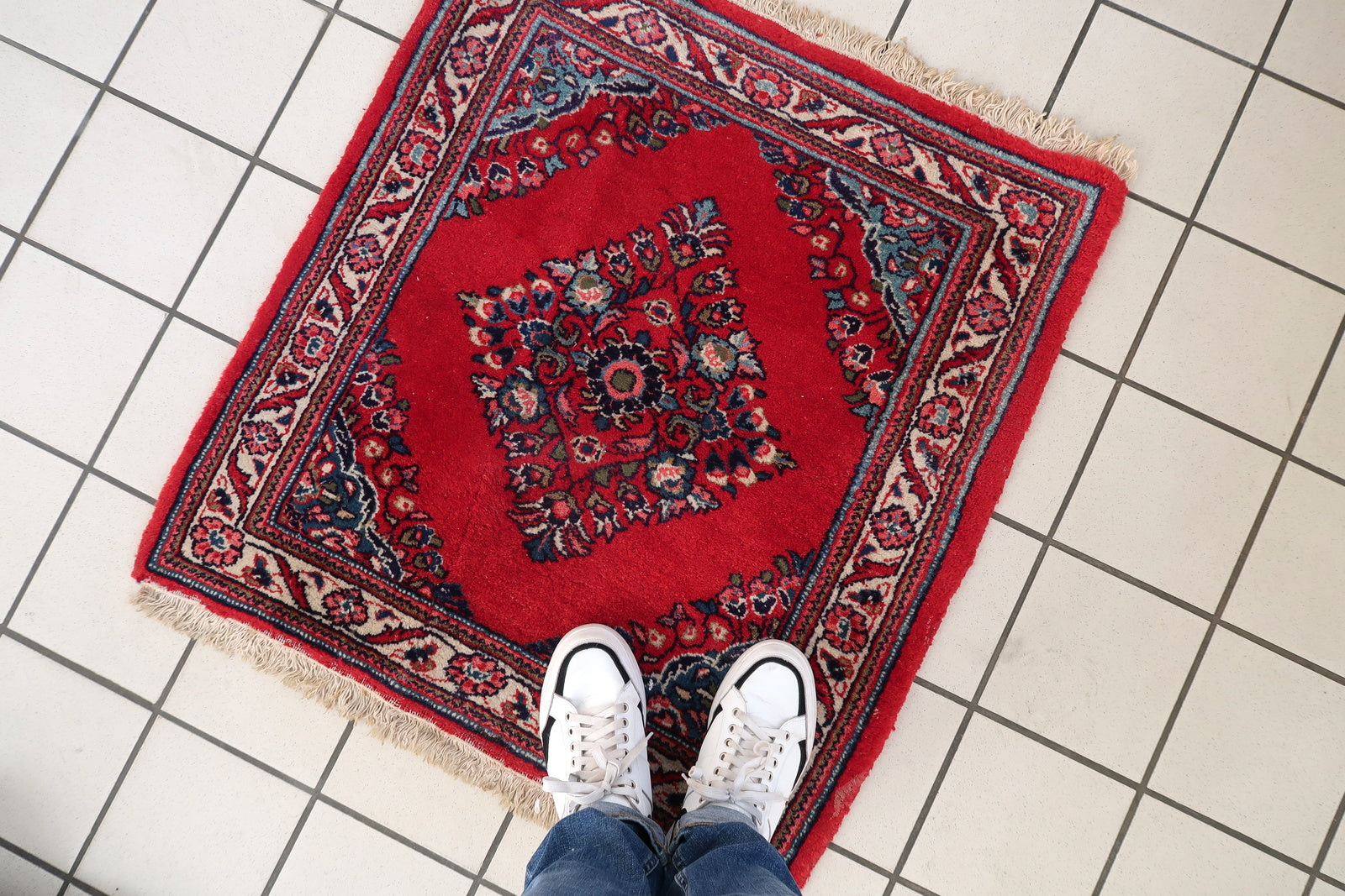 Vintage square wool rug from Hamadan, tribal geometric layout with rich tones