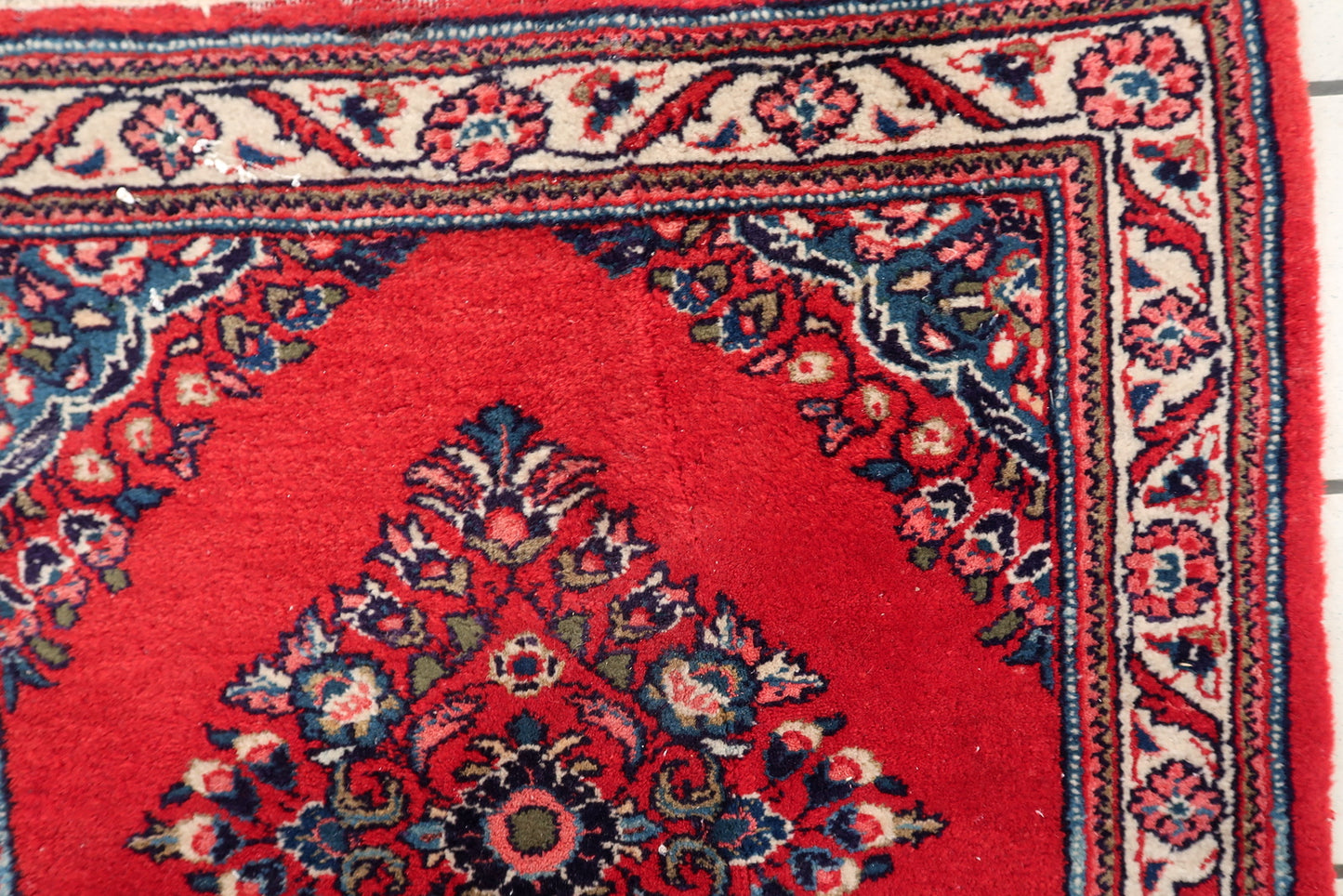 Vintage Persian Hamadan rug full view, rare square format with central medallion