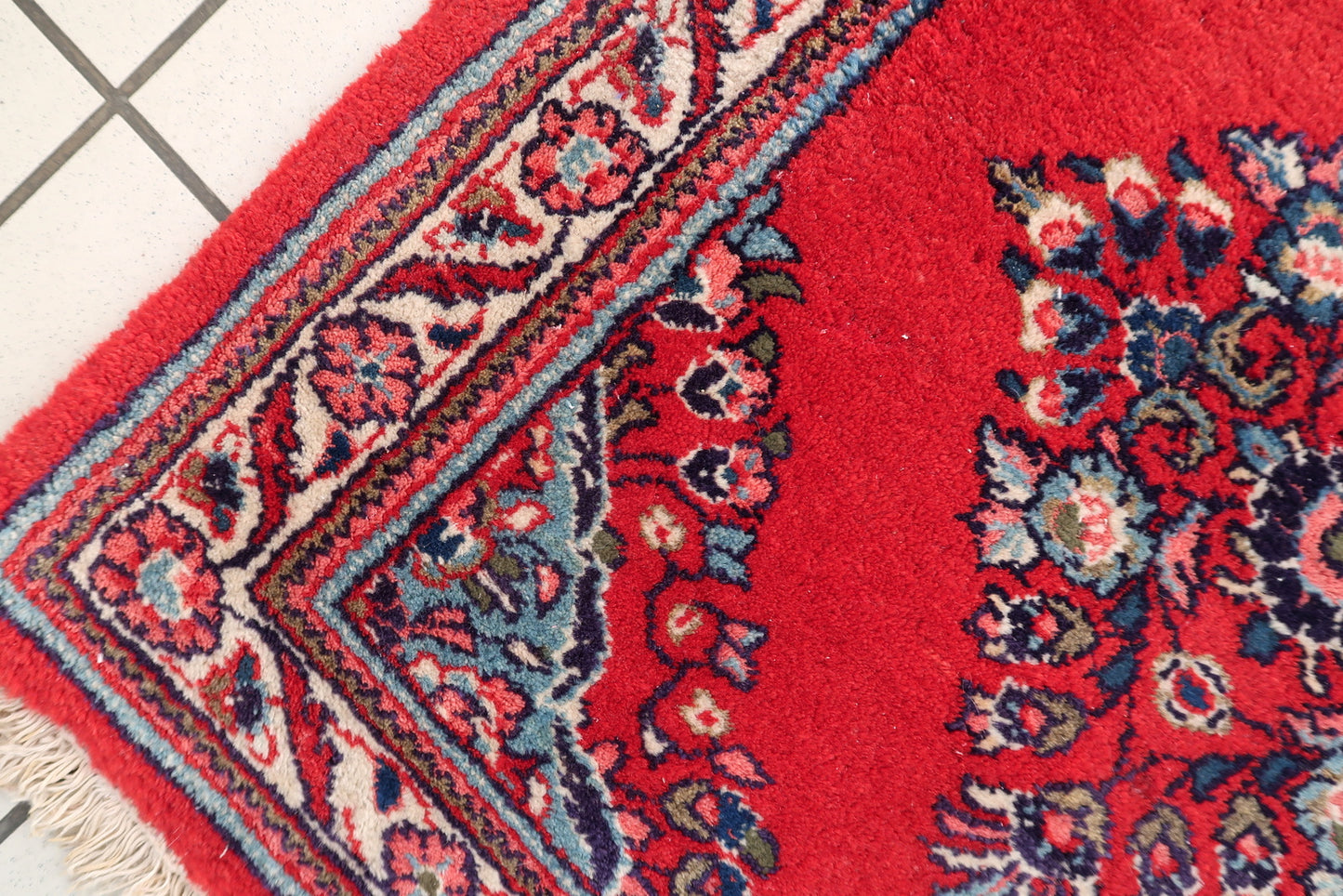 Rare square Hamadan rug detail, geometric motifs and traditional border design