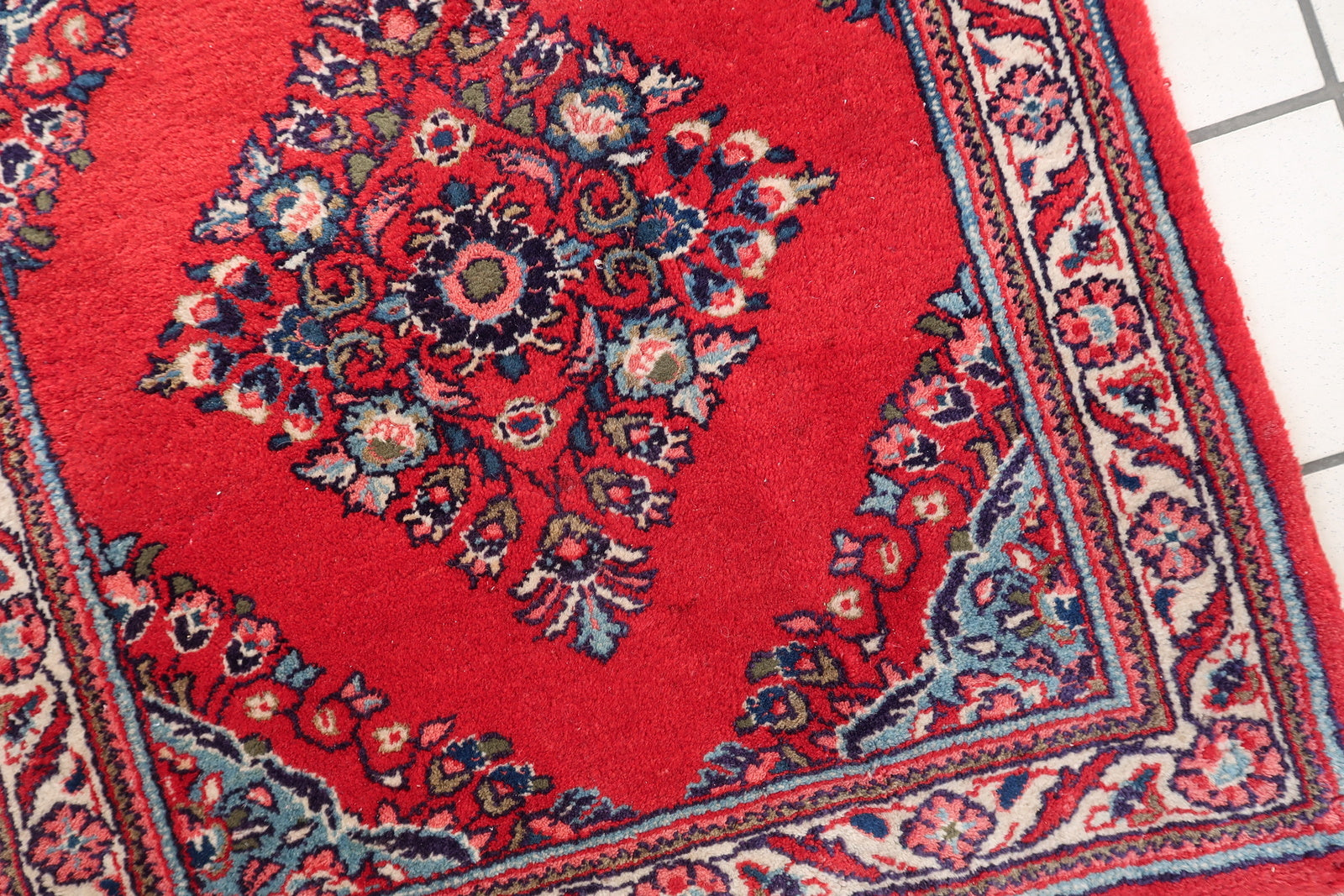 Vintage 1970s Persian rug, square wool carpet with bold tribal composition