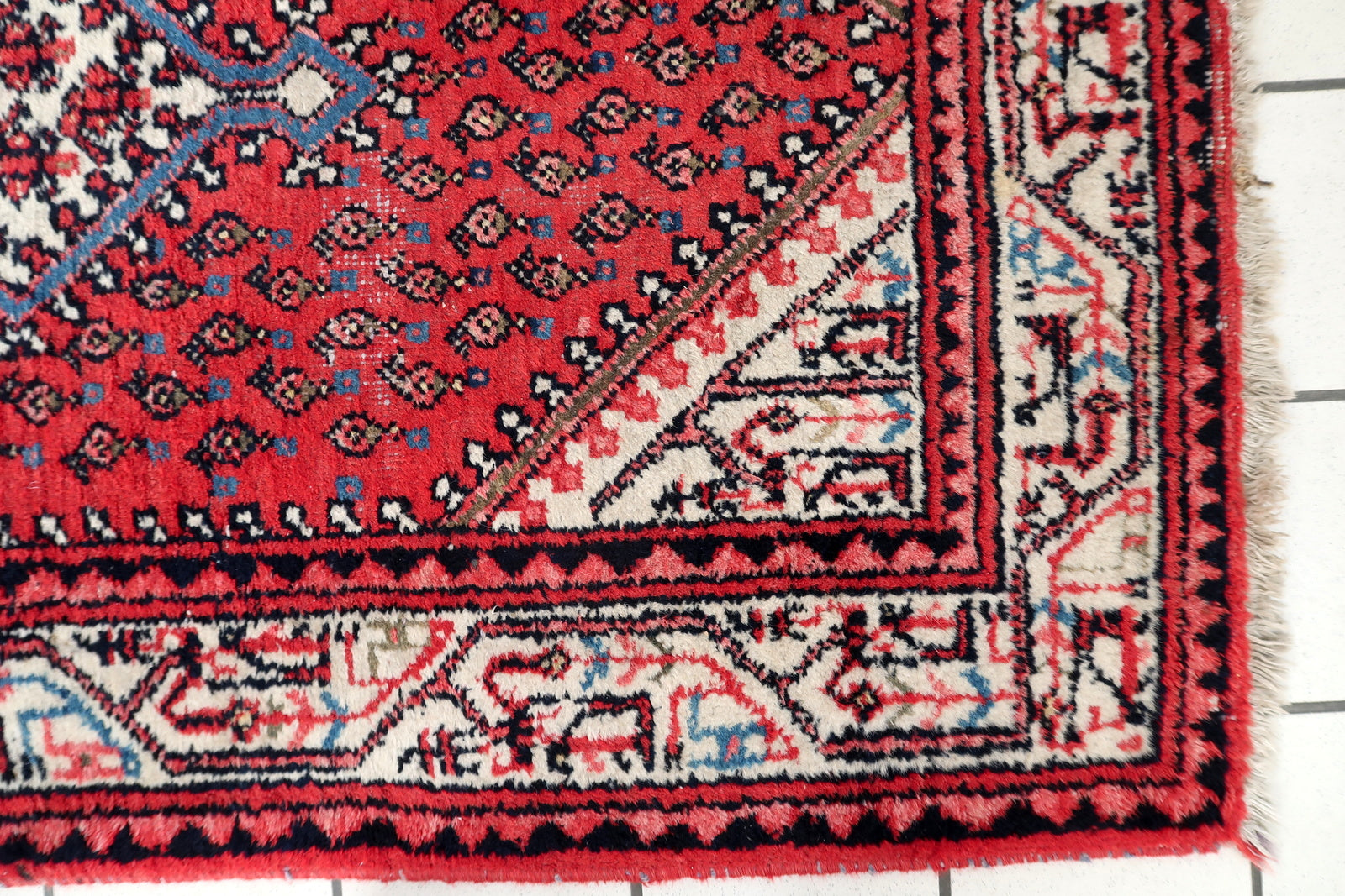 1960s vintage Seraband rug, all-over boteh pattern with intricate borders