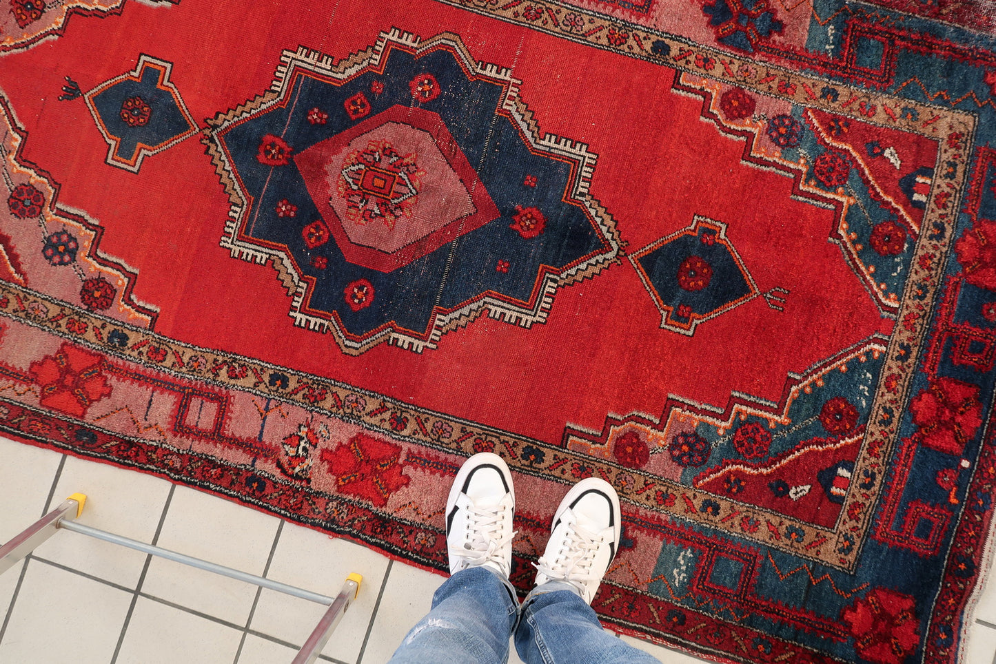 Persian Malayer rug fringe detail, handmade wool with signs of age