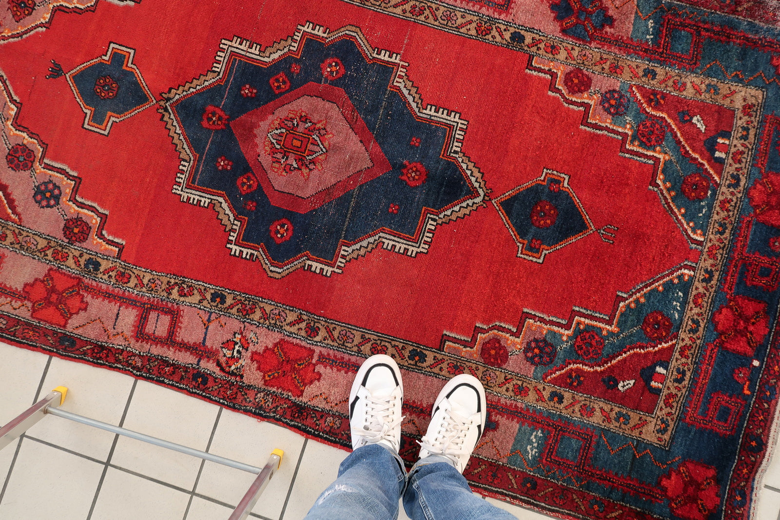 Persian Malayer rug fringe detail, handmade wool with signs of age