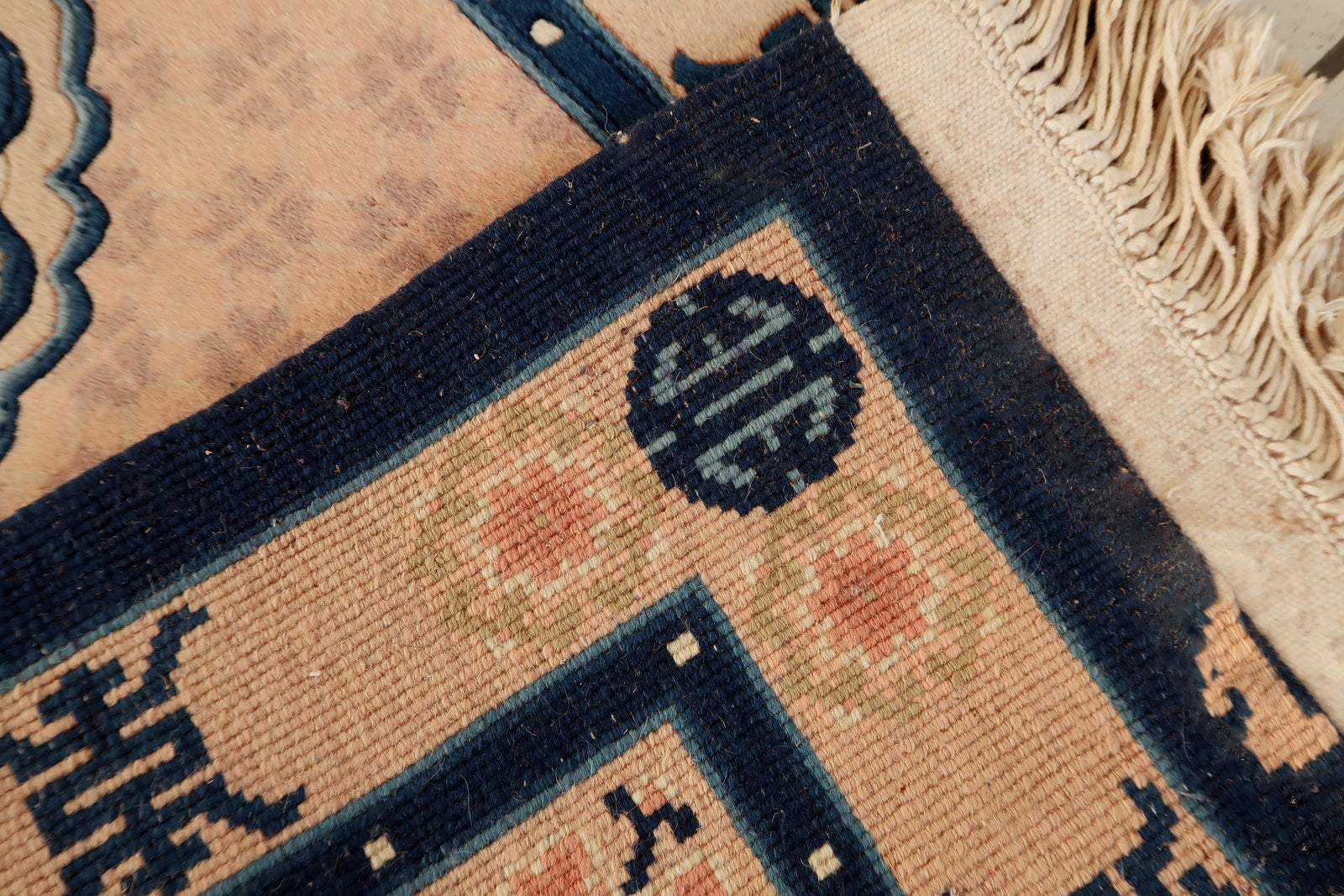 Art Deco Chinese rug detail, showing intricate hand-knotted construction