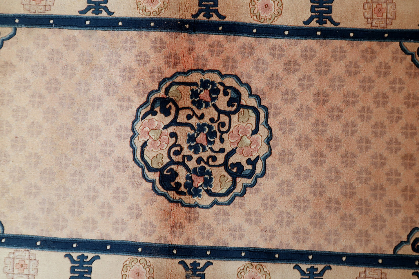 Vintage Chinese Art Deco rug detail, floral and botanical motifs in wool