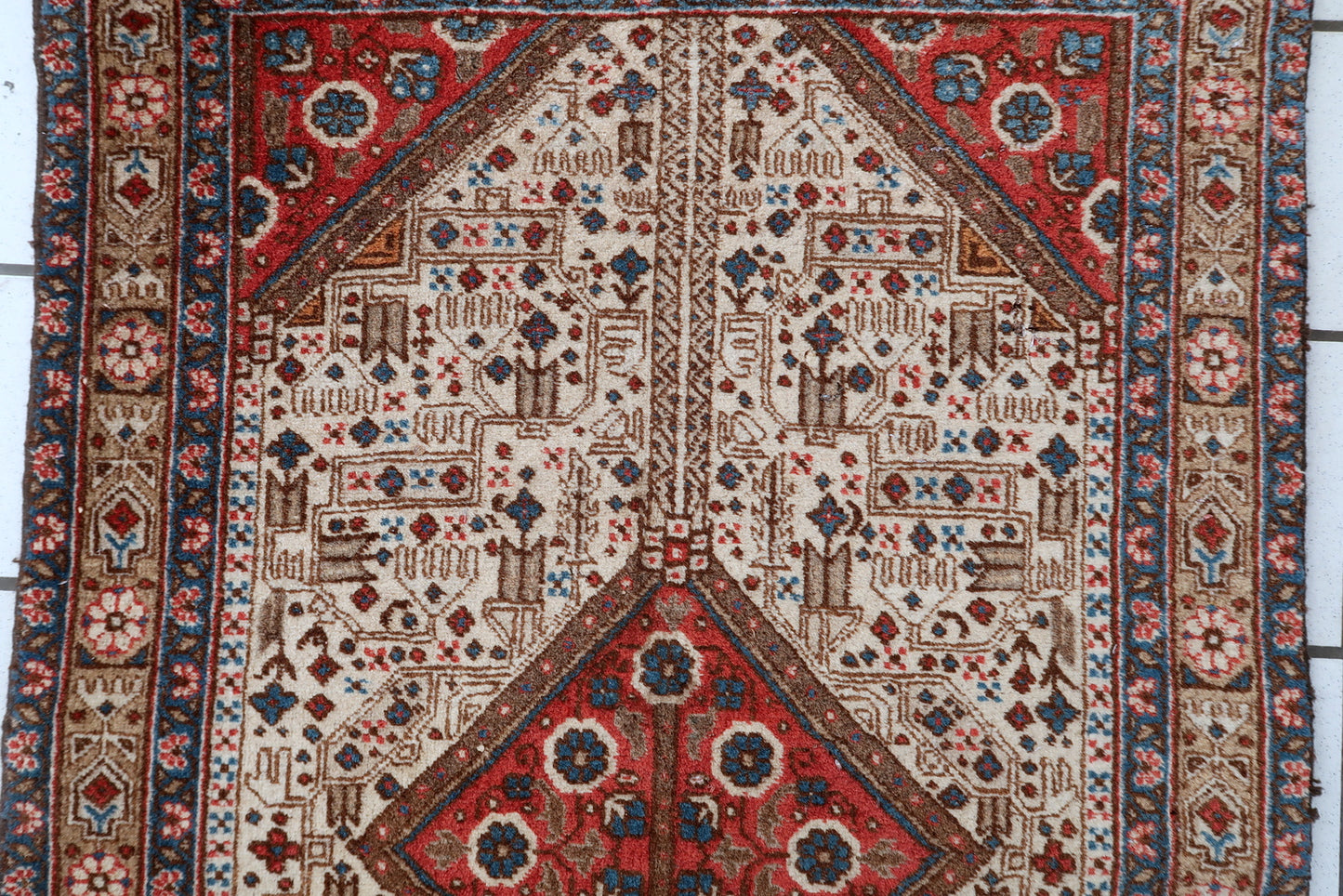 Persian Malayer rug detail, geometric pattern with traditional Herati motifs