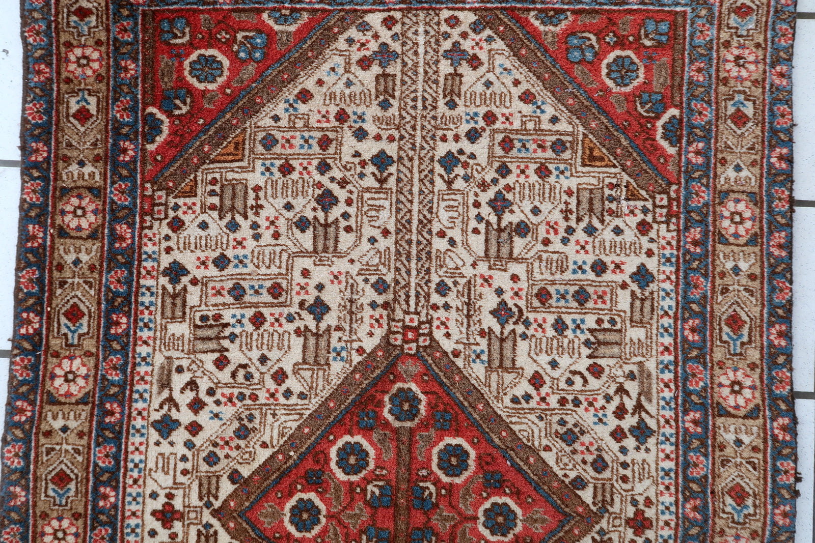 Persian Malayer rug detail, geometric pattern with traditional Herati motifs
