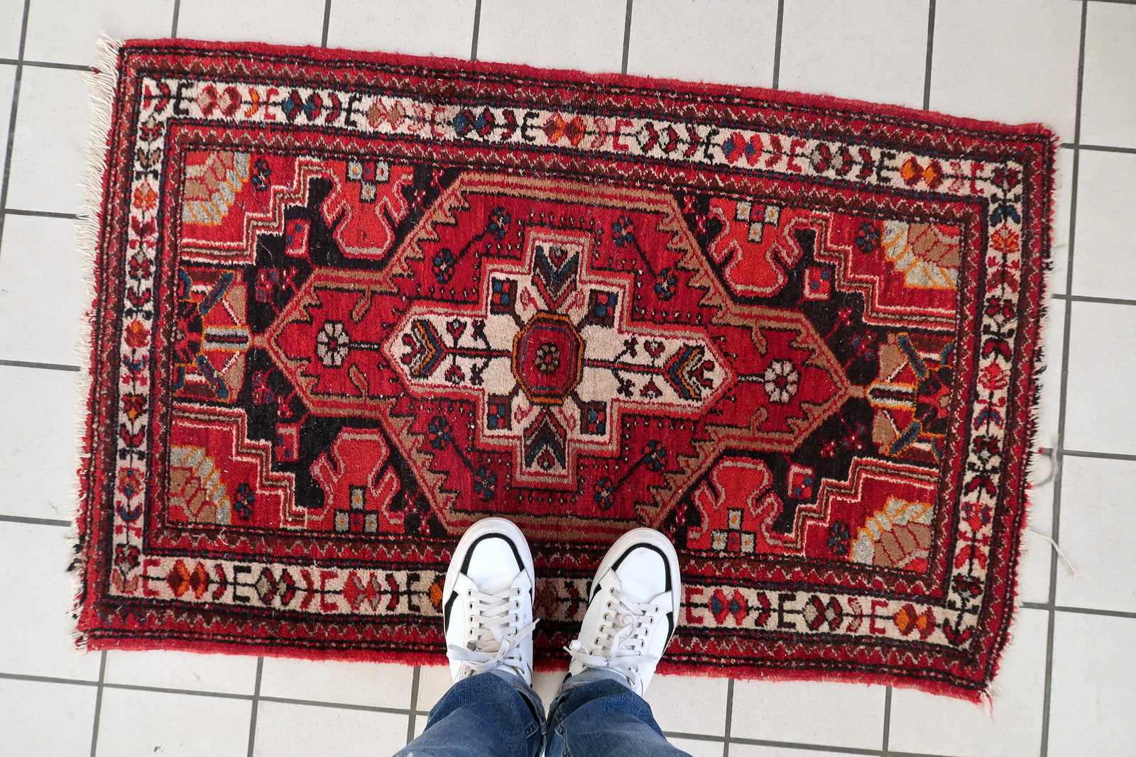 Hand-knotted Hamadan rug, geometric village design with vibrant color palette