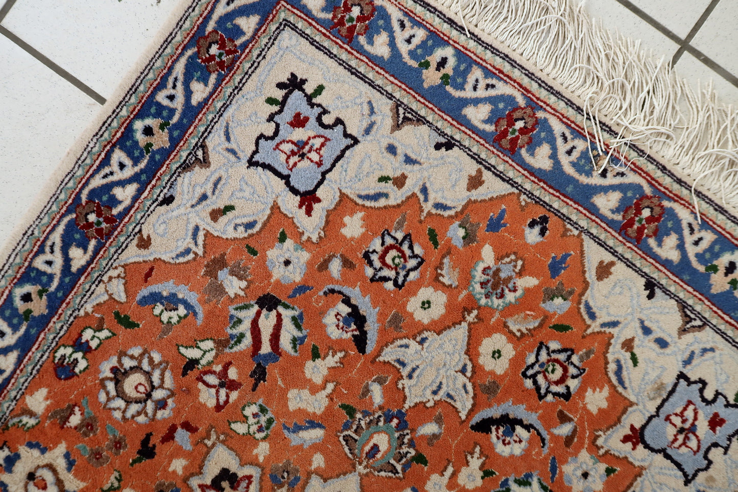 Vintage Tabriz rug full view, 1950s wool carpet with silk highlights and medallion