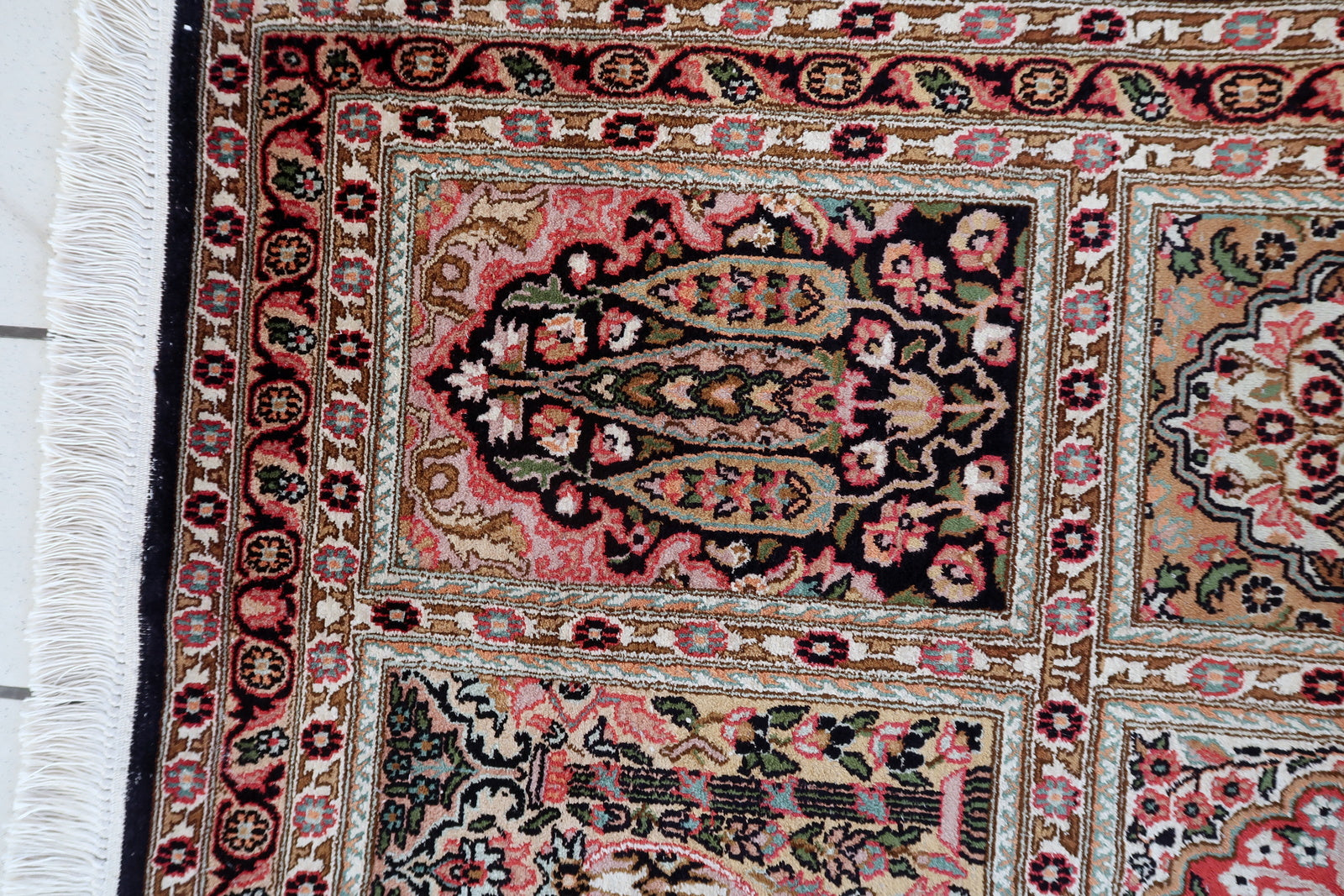 Handmade Persian Qum rug, fine silk highlights enhancing pattern depth
