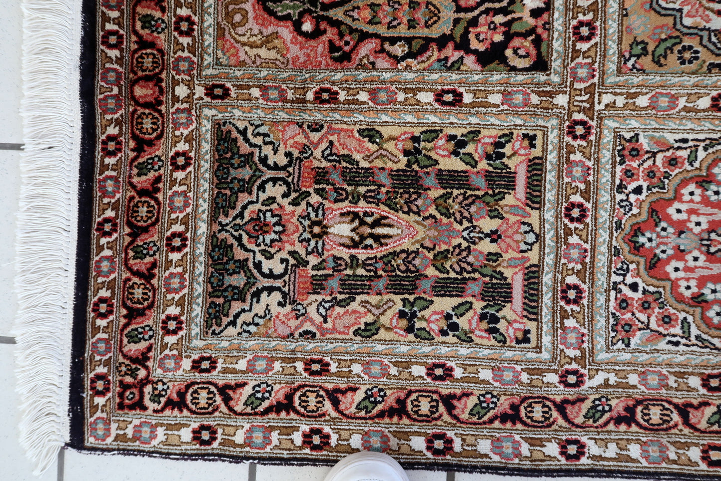 Vintage Qum rug back view, showing tight weave and detailed knotting