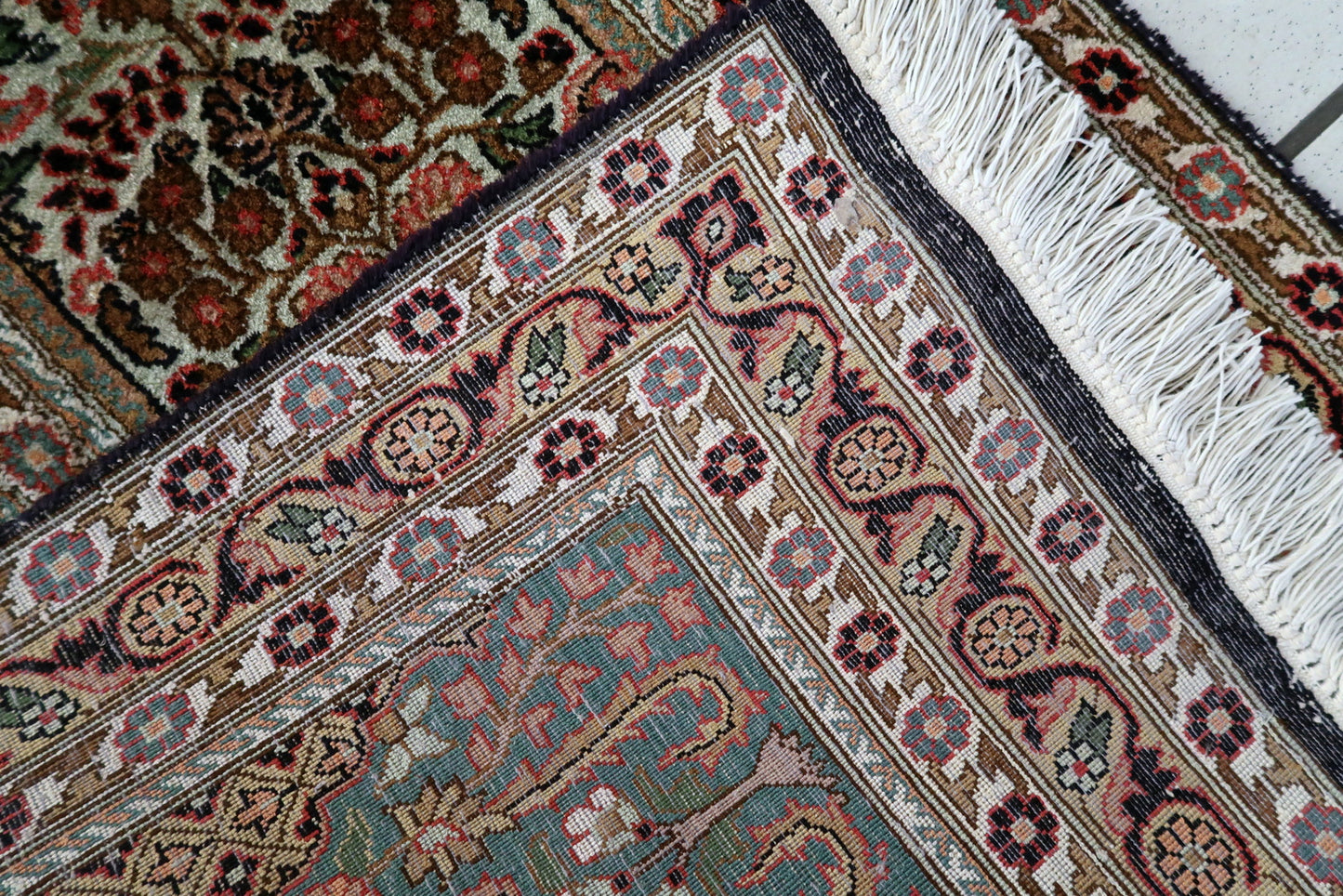 1950s Qum rug detail, intricate vines and floral motifs in silk