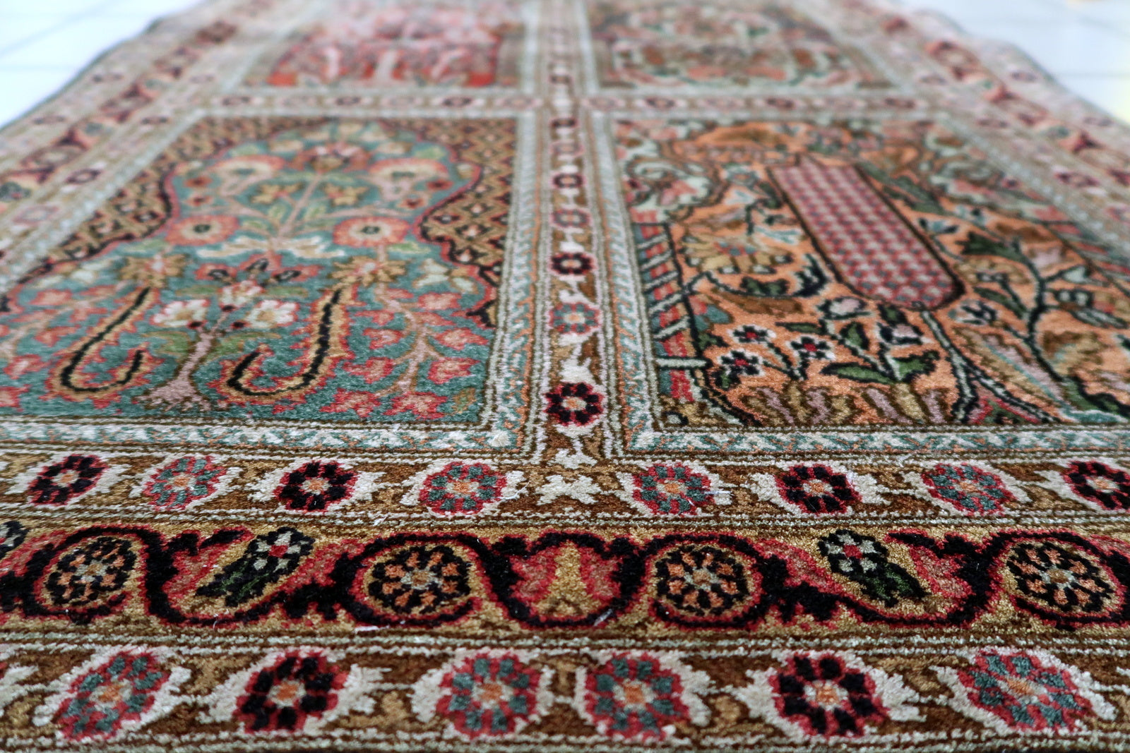 Vintage Persian Qum rug, small fine carpet with refined artistic design