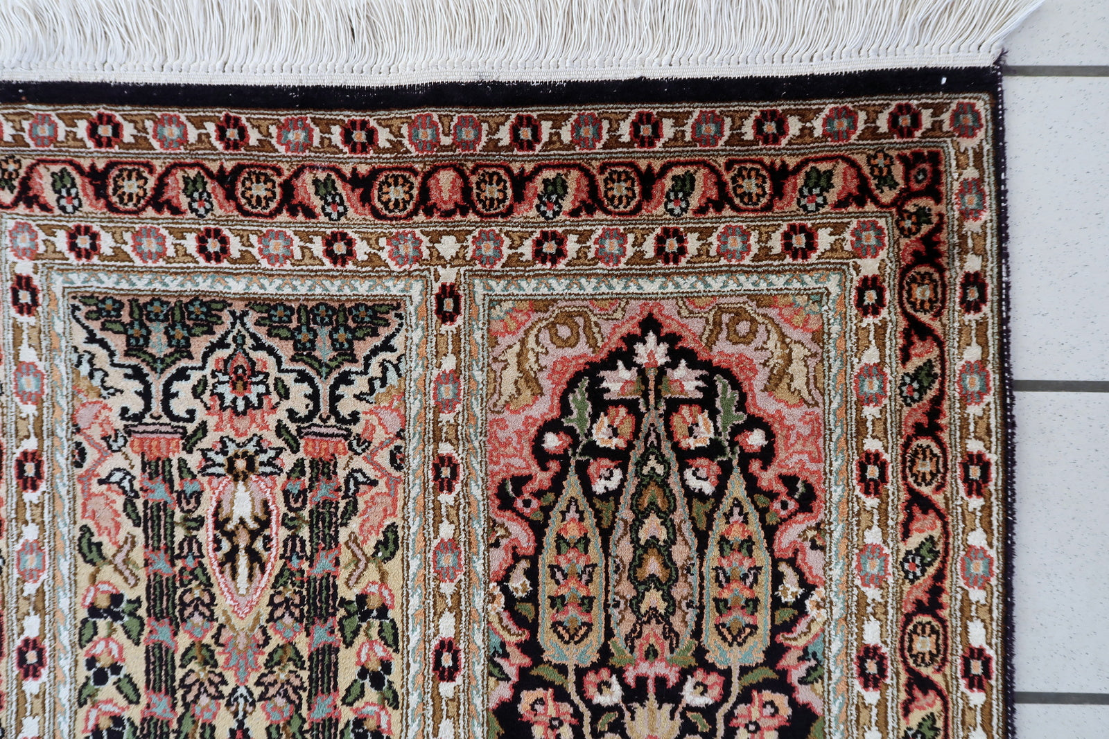 Persian Qum silk rug full view, fine handmade carpet with detailed medallion