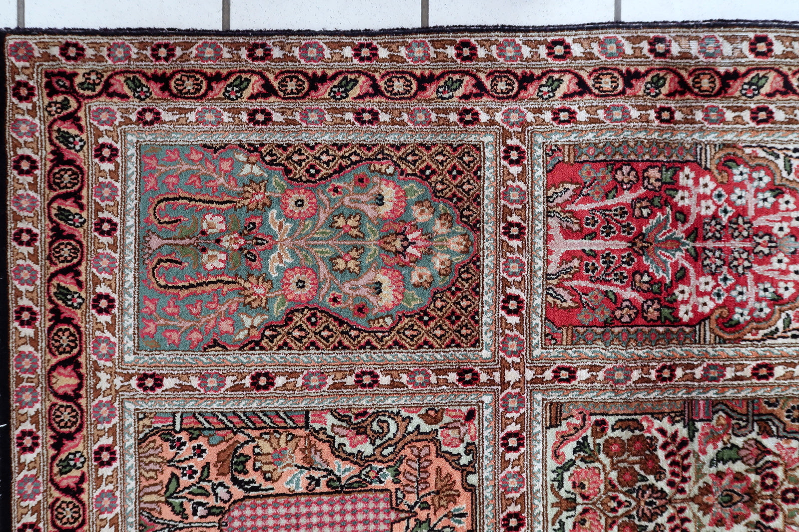 Vintage Persian Qum rug detail, high knot density and delicate craftsmanship