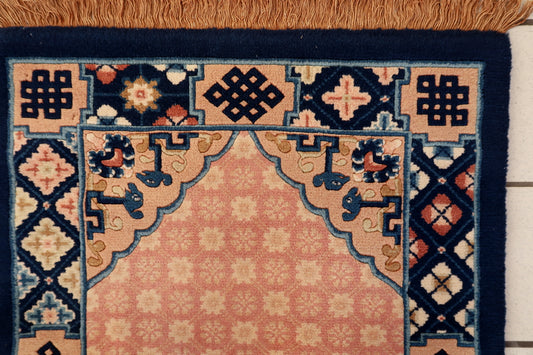 Chinese Art Deco rug full view, vintage wool carpet with floral motifs