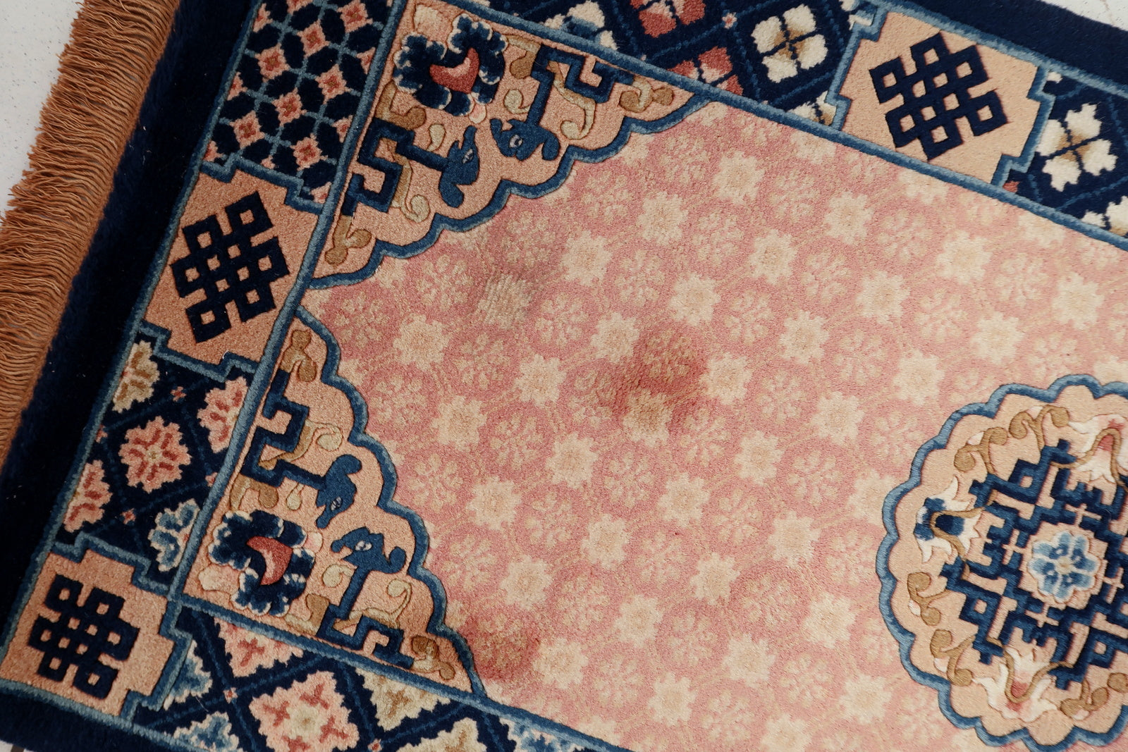 Vintage Chinese Art Deco rug detail, geometric patterns and bold tones