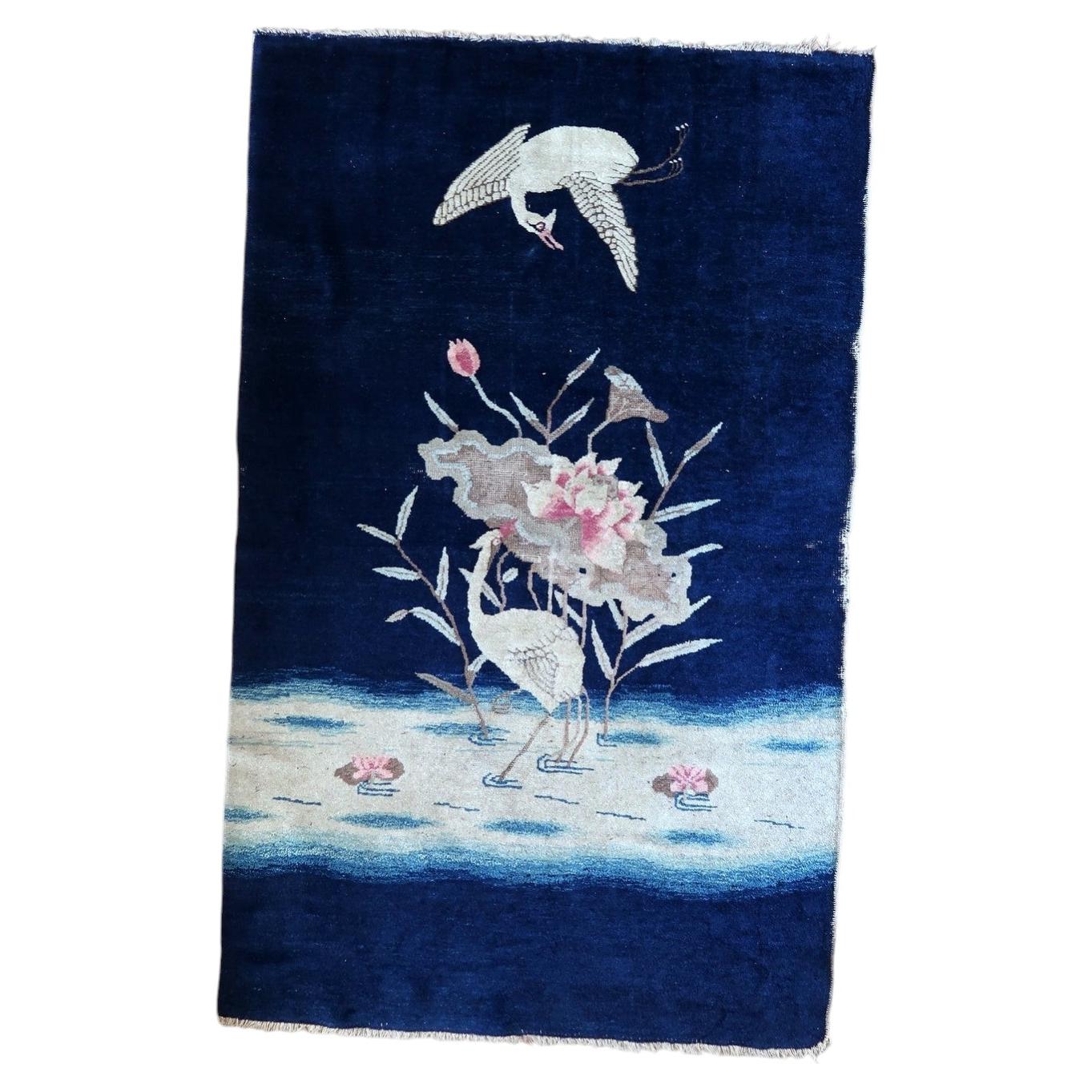 Antique 1890s Chinese Peking rug, hand-knotted wool with crane motif