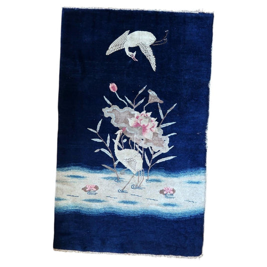 Antique 1890s Chinese Peking rug, hand-knotted wool with crane motif