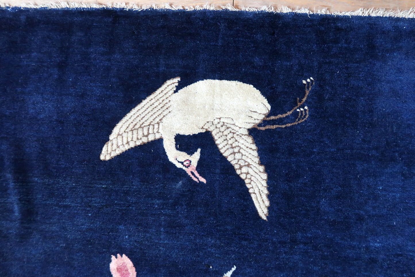 Chinese Peking rug full view, antique wool carpet with crane design and soft tones