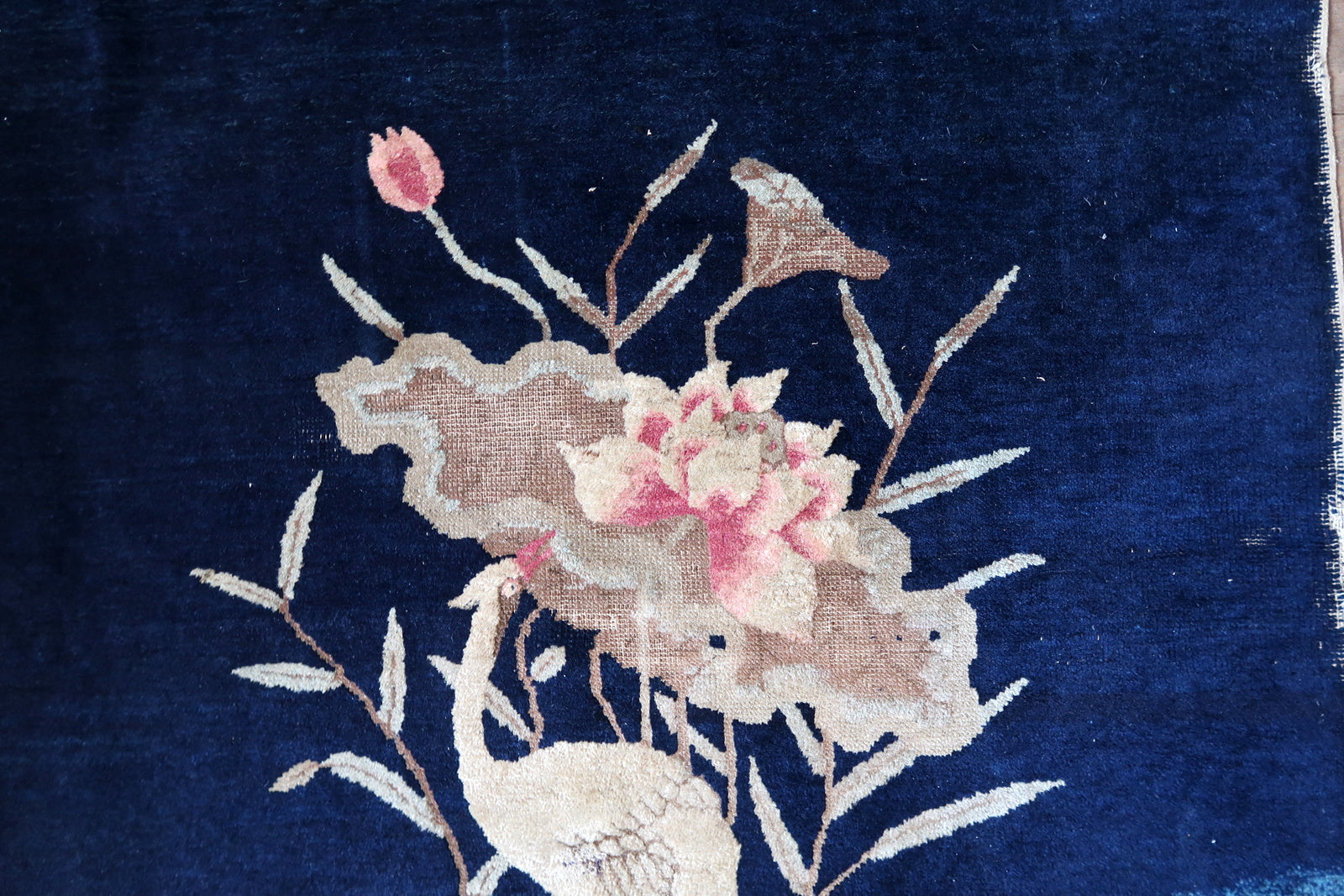 Late 19th century Peking rug, wool carpet with symbolic crane imagery