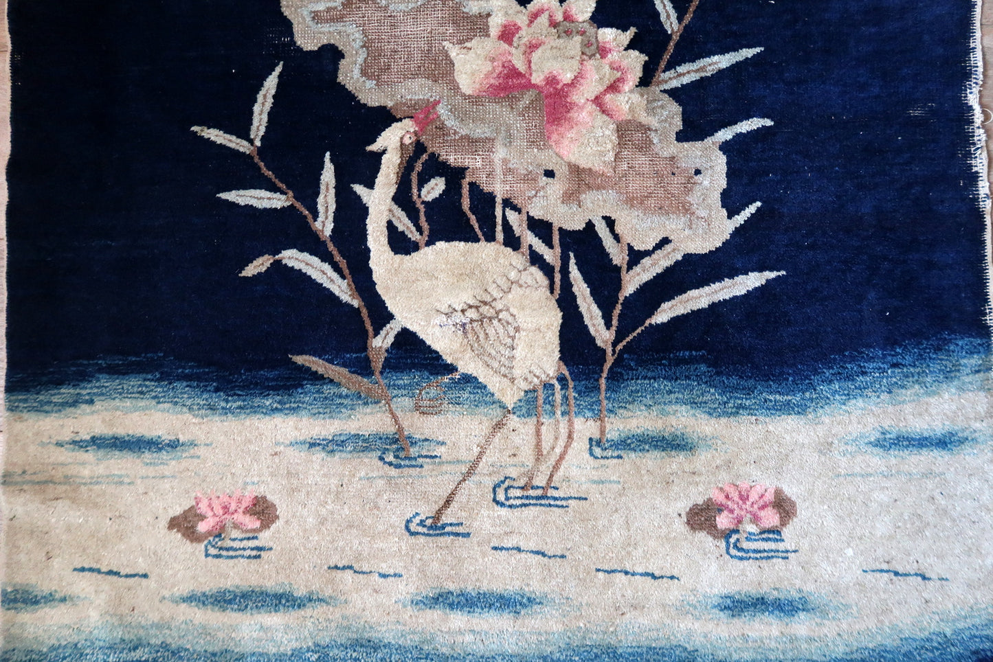Antique Chinese Peking rug detail, crane and cloud motifs in traditional design