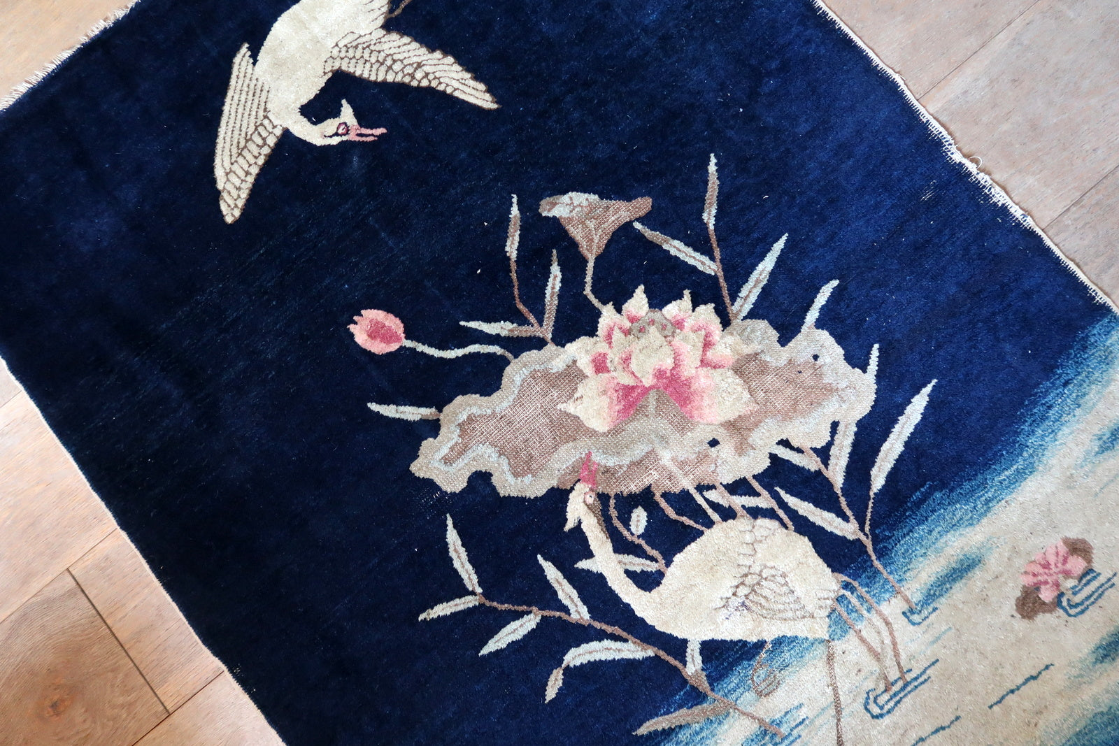 Chinese crane rug, wool carpet with minimalist field and symbolic elements
