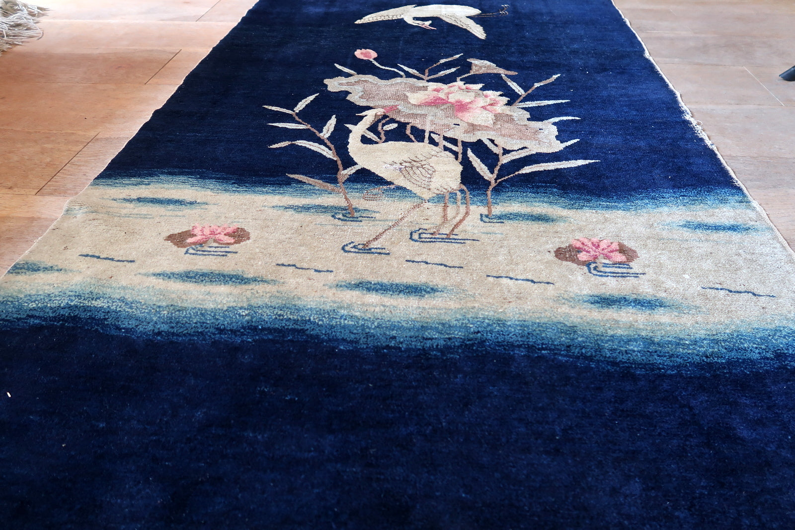 Antique Chinese wool rug, Peking style with crane and cloud band design