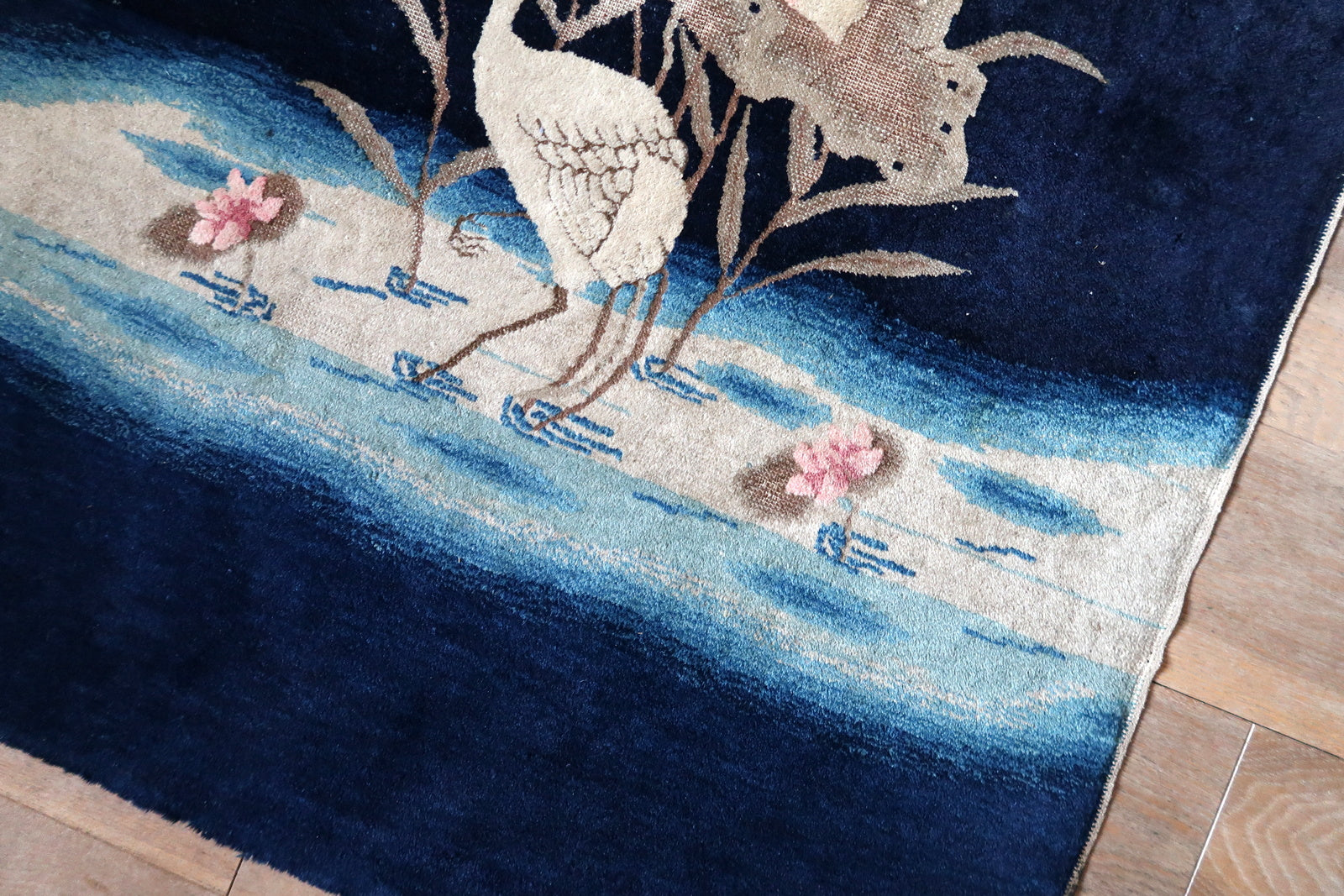 Chinese Peking rug fringe detail, handmade wool with signs of age