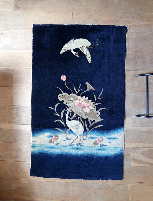 Chinese Peking rug full view, antique wool carpet with crane design and soft tones