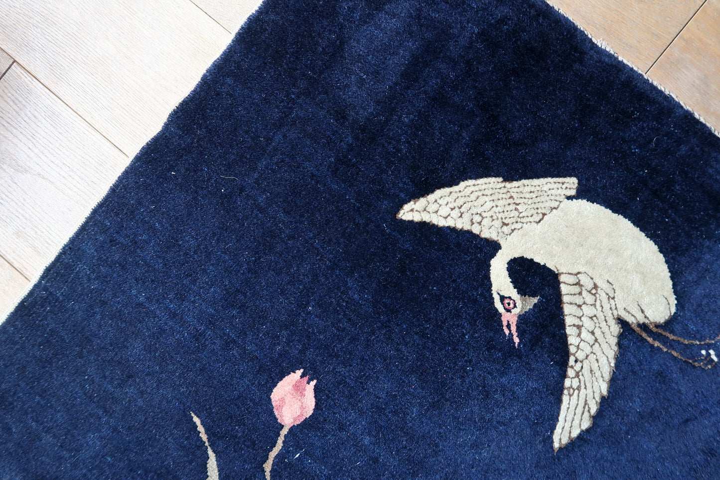 Late 19th century Peking rug, wool carpet with symbolic crane imagery