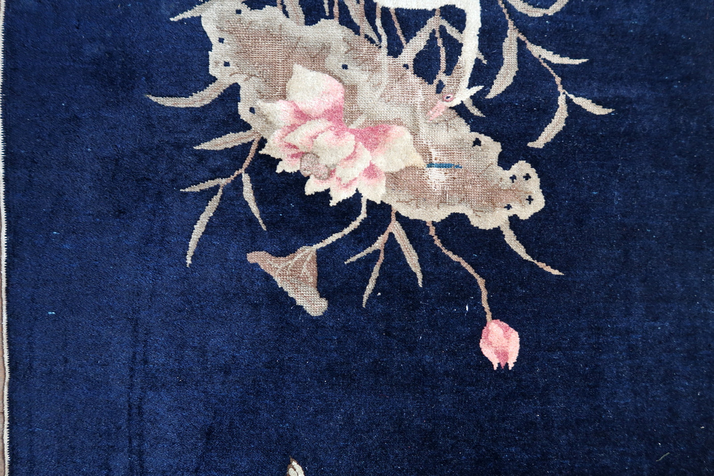 Antique Chinese Peking rug detail, crane and cloud motifs in traditional design