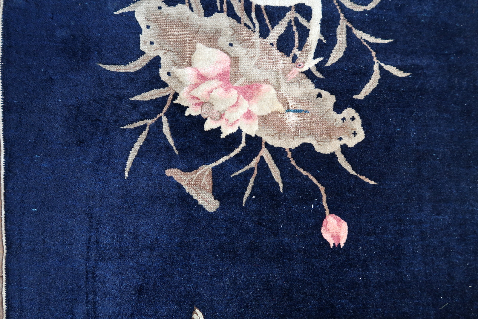 Antique Chinese Peking rug detail, crane and cloud motifs in traditional design