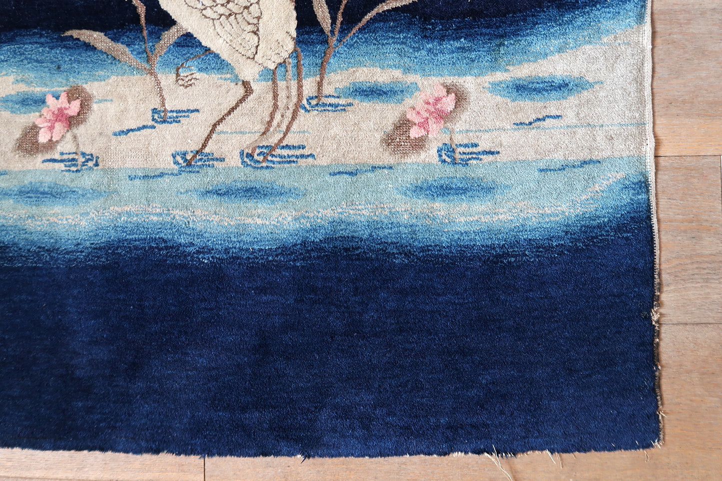 Chinese crane rug, wool carpet with minimalist field and symbolic elements