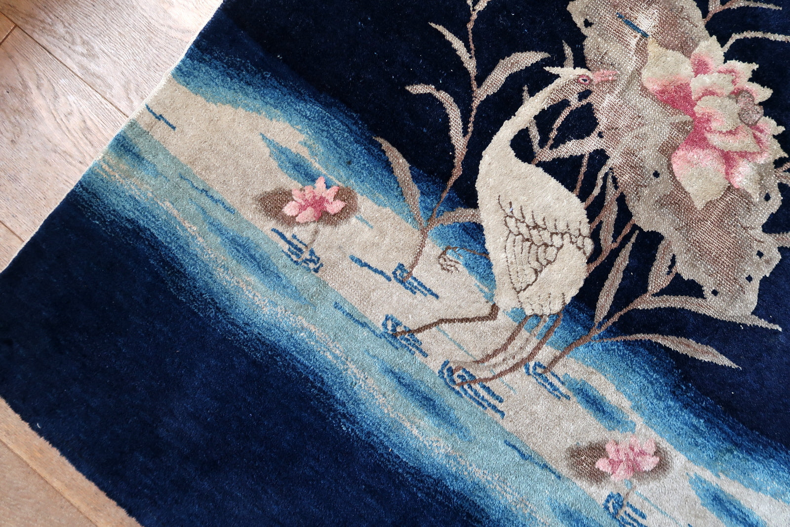 Antique Chinese wool rug, Peking style with crane and cloud band design