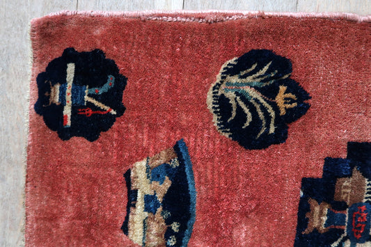 Chinese Art Deco rug full view, vintage wool carpet with floral motifs