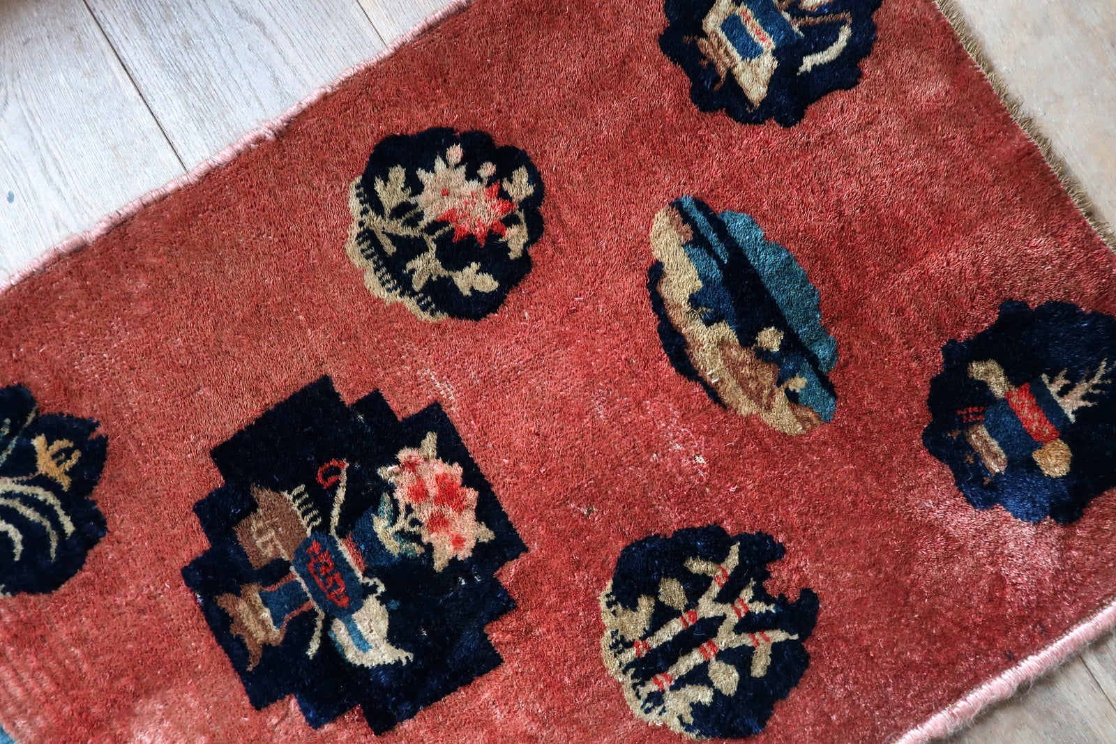 Vintage Chinese wool rug detail, floral and botanical Art Deco motifs