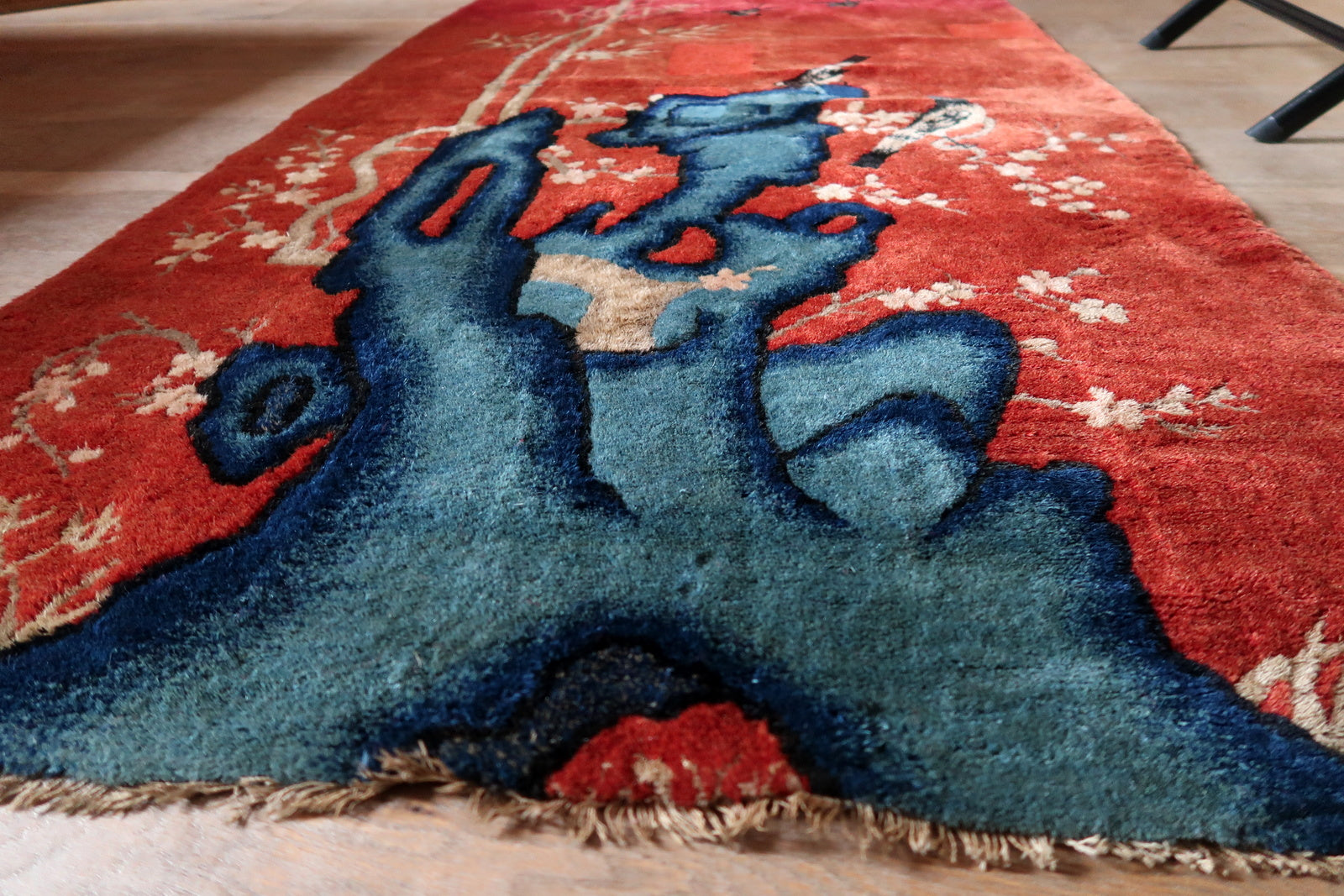 Chinese Art Deco rug texture detail, dense wool pile with soft sheen